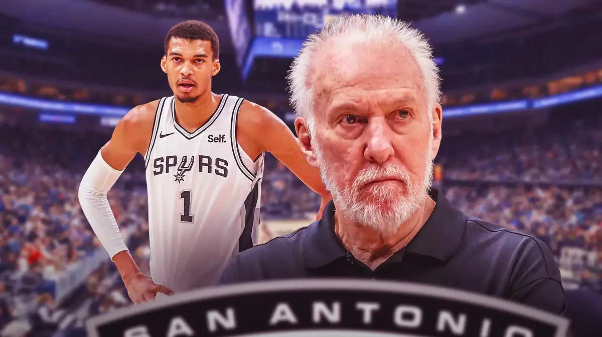 Gregg Popovich and Victor Wembanyama in image, SA Spurs logo in middle, basketball court in background
