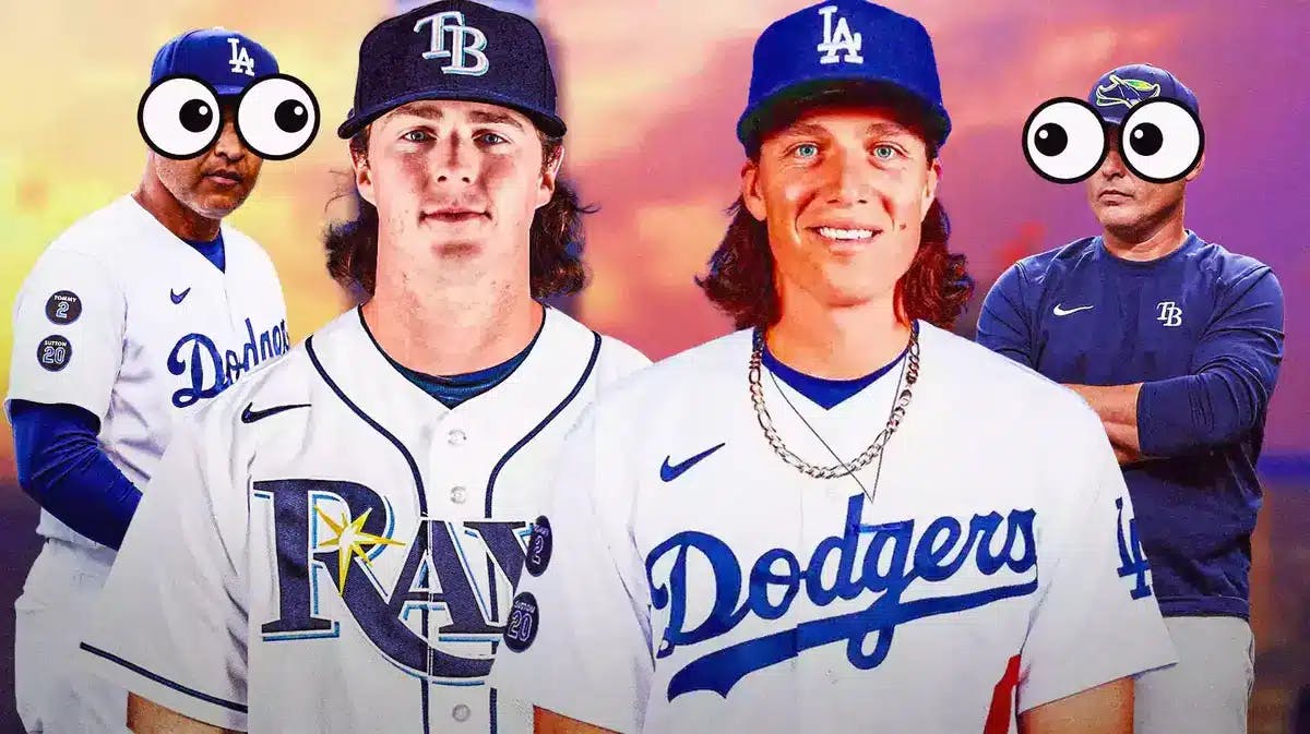 Tyler Glasnow in a Dodgers uniform. Ryan Pepiot in a Rays uniform. Dodgers' Dave Roberts, Rays' Kevin Cash in background with their eyes popping out.