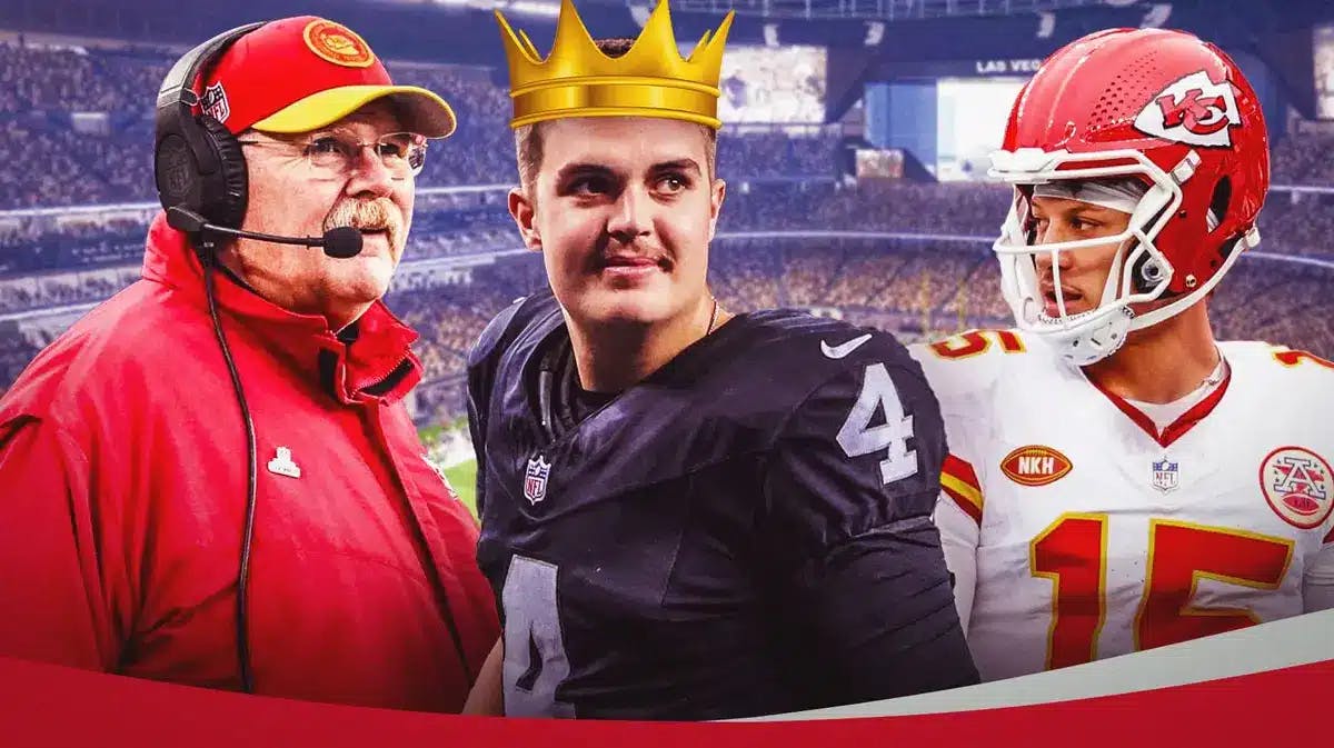 Raiders Aidan O Connell with Chiefs Andy Reid and Patrick Mahomes