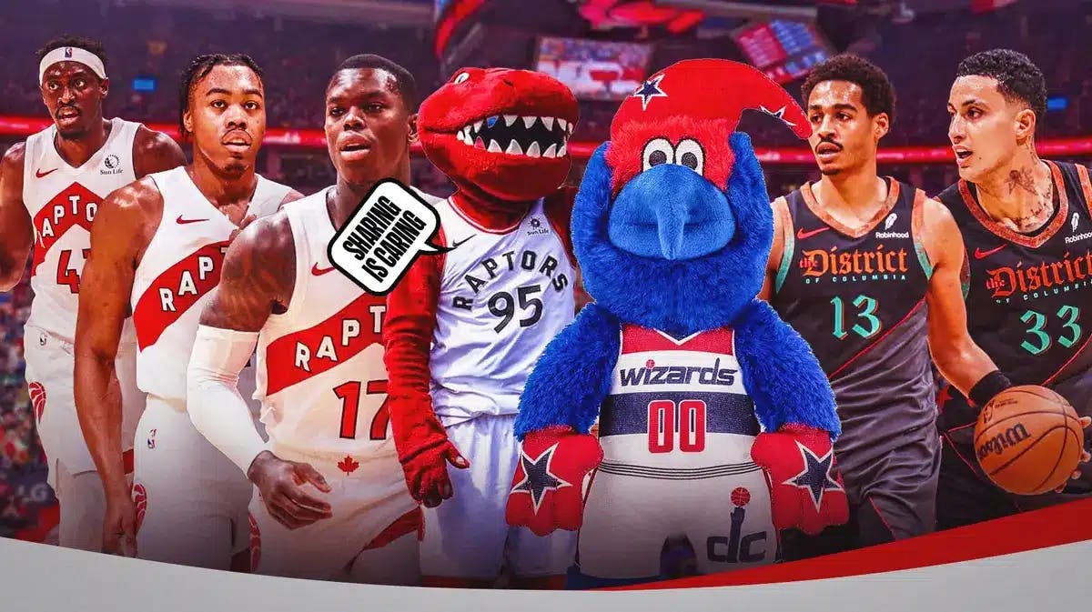 Pascal Siakam, Scottie Barnes, Dennis Schroder, Raptors mascot saying “Sharing is caring” and Kyle Kuzma and Jordan Poole and Wizards mascot looking sad