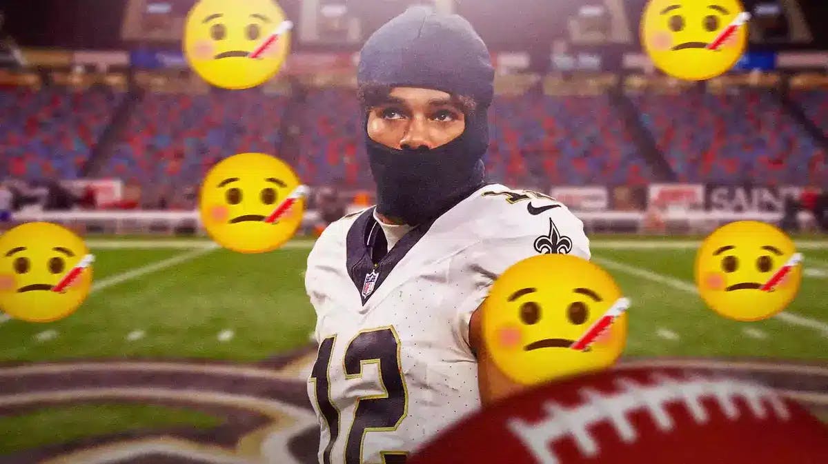 New Orleans Saints' Chris Olave and 🤒 (sick emojis) surrounding him