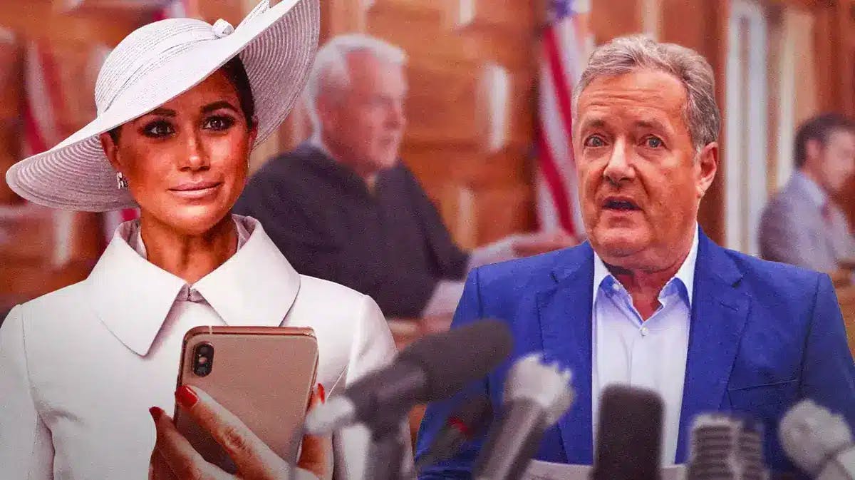 Meghan Markle and Piers Morgan in front of court imagery