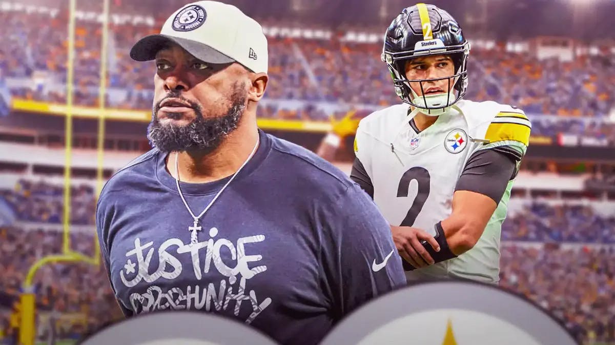 Photo: Mike Tomlin and Mason Rudolph in Steelers gear with Acrisure Stadium in the back