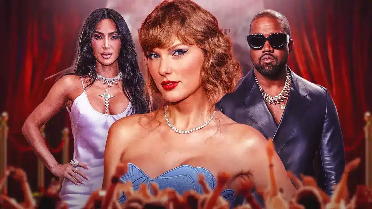Taylor Swift in the foreground, with Kim Kardashian and Kanye West on either side of her in the background, and red carpet imagery behind them all