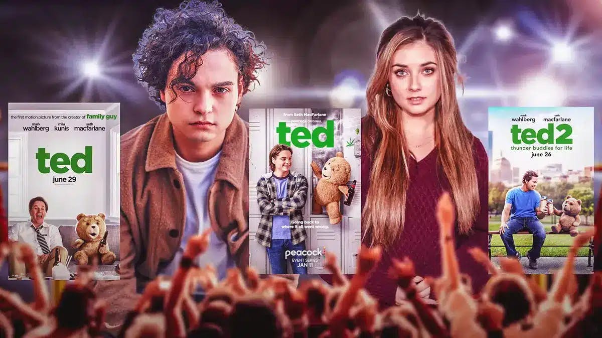 Max Burkholder and Giorgia Whigham in front of Ted movies and series posters.