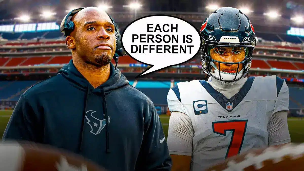Houston Texans' C.J. Stroud and DeMeco Ryans and speech bubble from Ryans “Each Person Is Different”