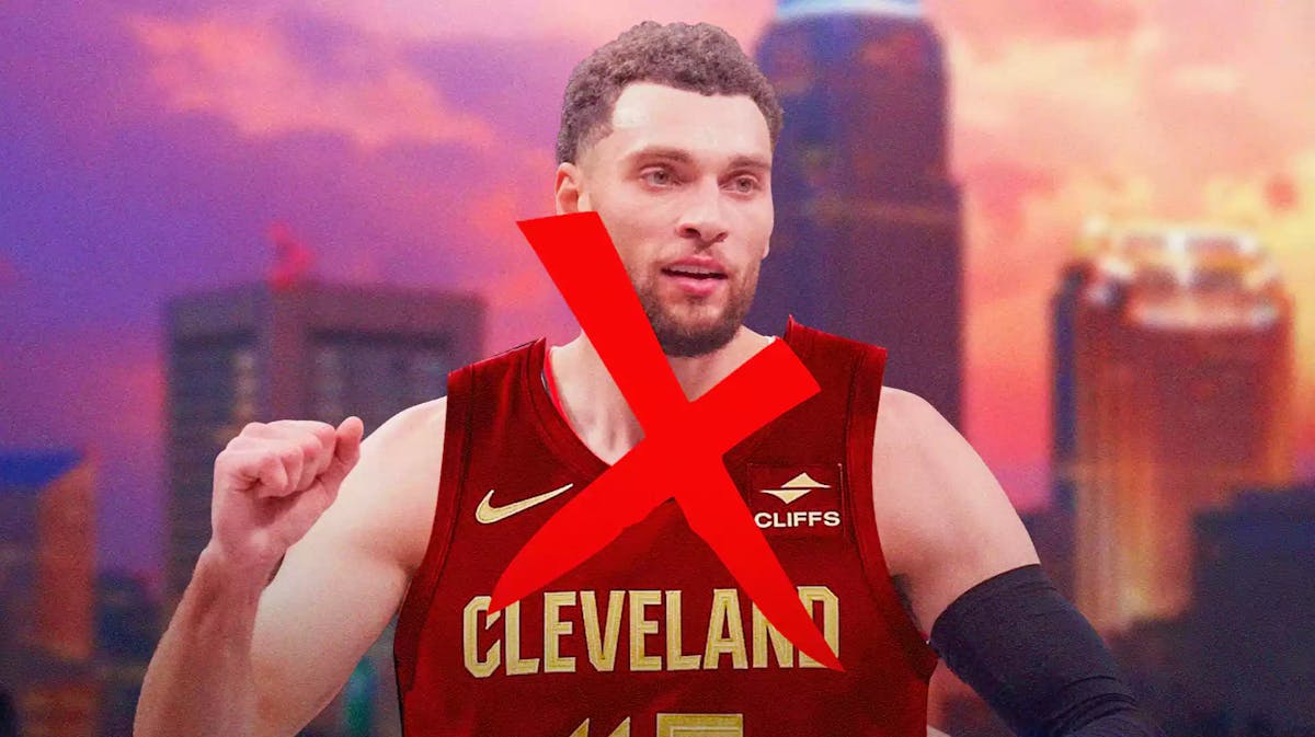 Zach LaVine in a Cavs jersey with a big red X over him