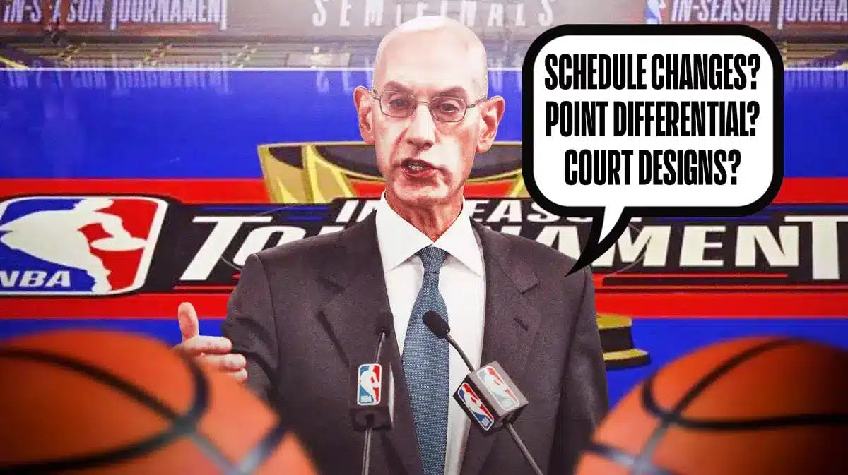 Adam Silver with NBA in-Season Tournament court behind him while naming a list of possible changes