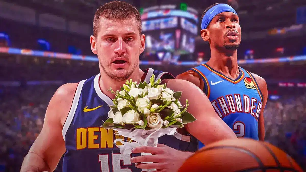 Nikola Jokic giving Oklahoma City Thunder point guard Shai Gilgeous-Alexander his flowers