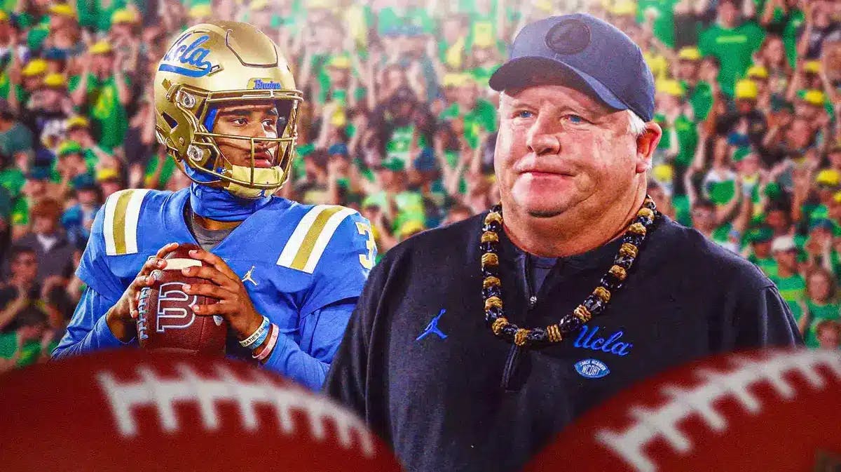 Photo: Chip Kelly in UCLA gear with Dante Moore in Oregon uniform and Oregon fans in the back
