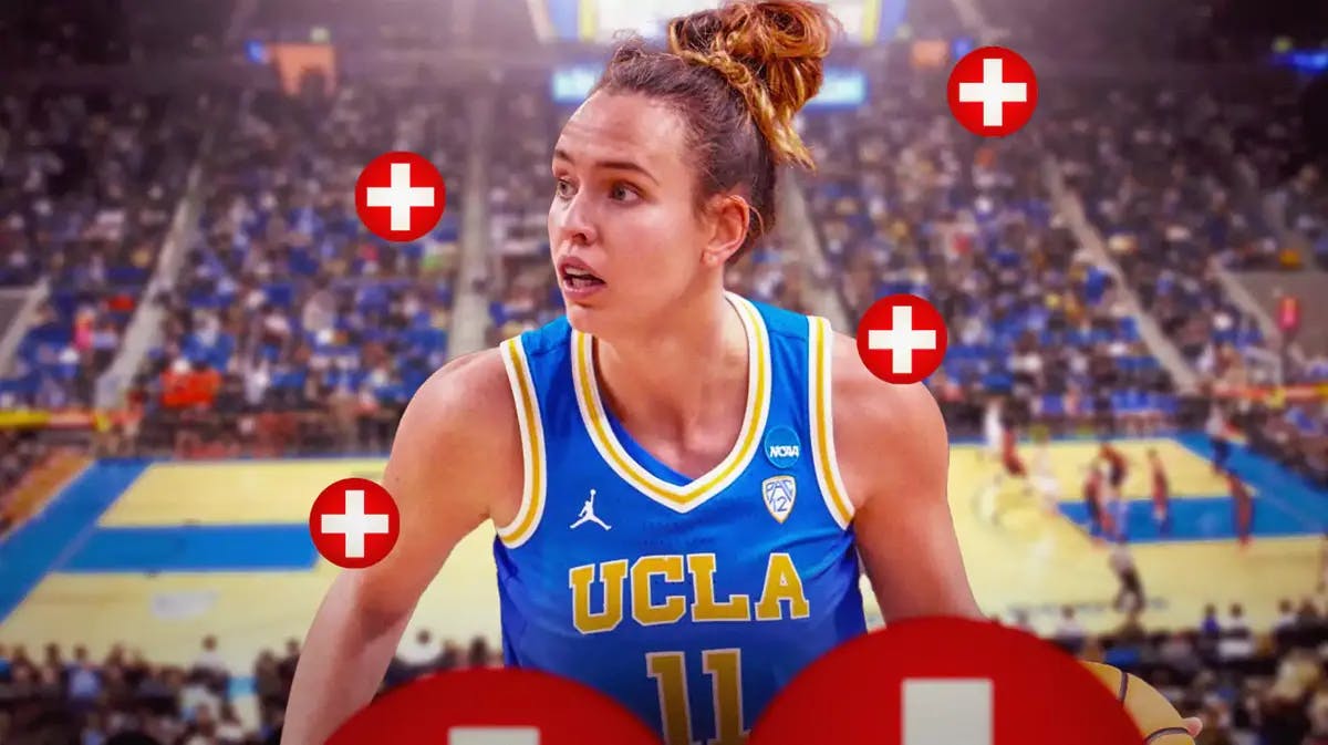 UCLA women’s basketball player Emily Bessoir, with medical/injury symbols