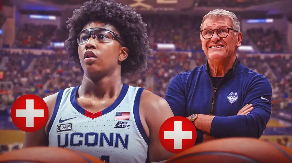 UConn women’s basketball player Ayanna Patterson with injury/medical emojis and symbols around her, and UConn women’s basketball coach Geno Auriemma with tear drop emojis coming out of his eyes