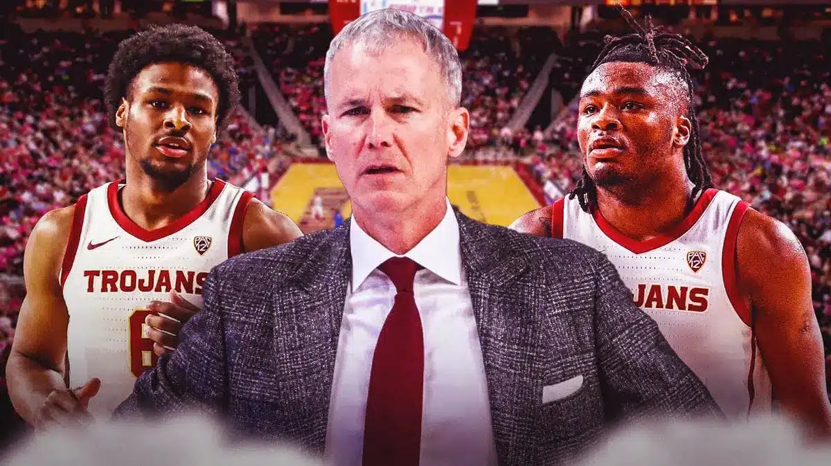 USC basketball Andy Enfield. Isaiah Collier. Bronny James after loss to Long Beach State