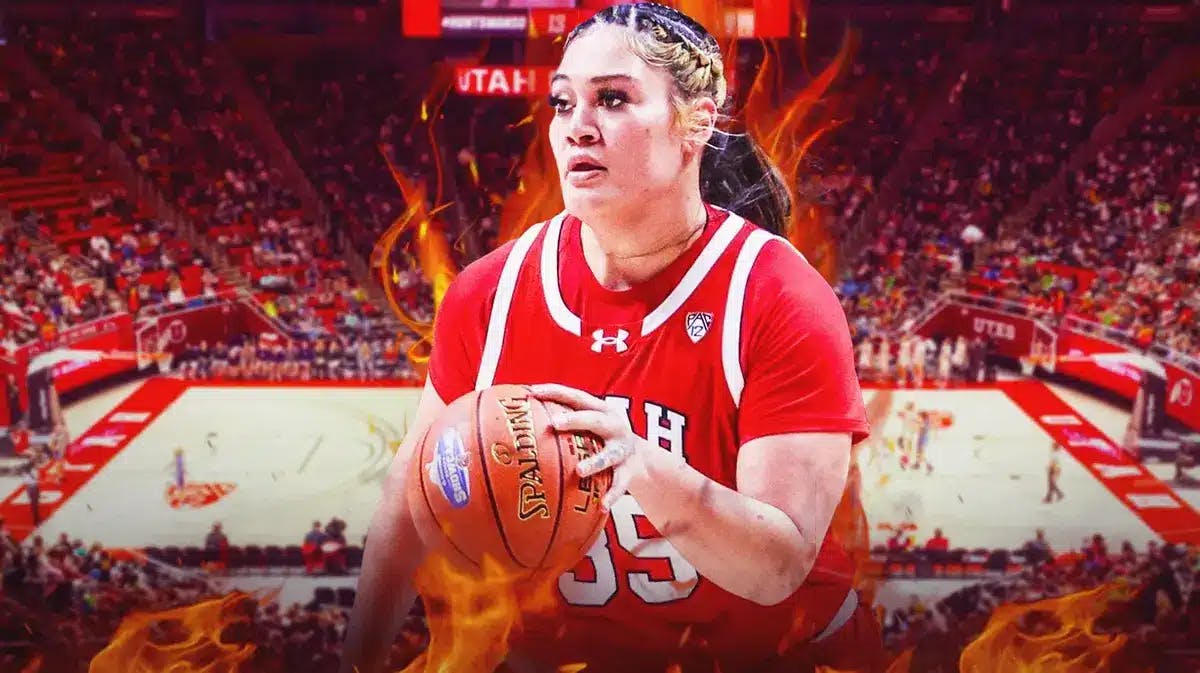 Utah women’s basketball player Alissa Pili, with flames around her as if she is on fire because she is doing so good playing basketball
