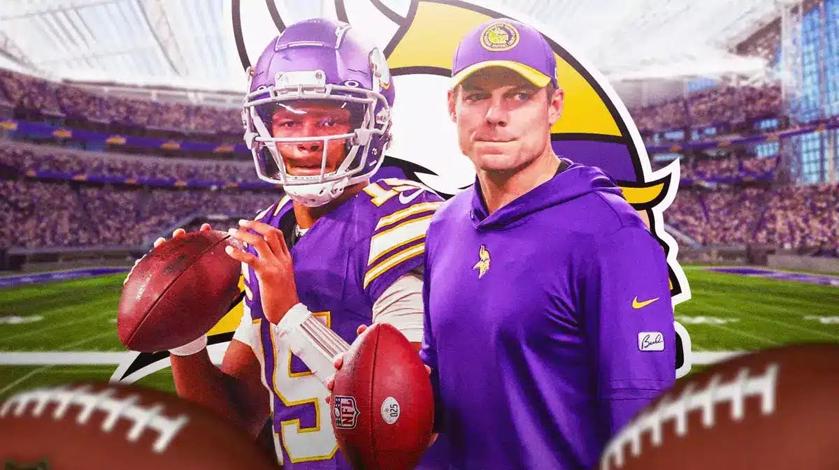 Photo: Josh Dobbs and Kevin O'Connell in Vikings gear with Minnesota logo behind them