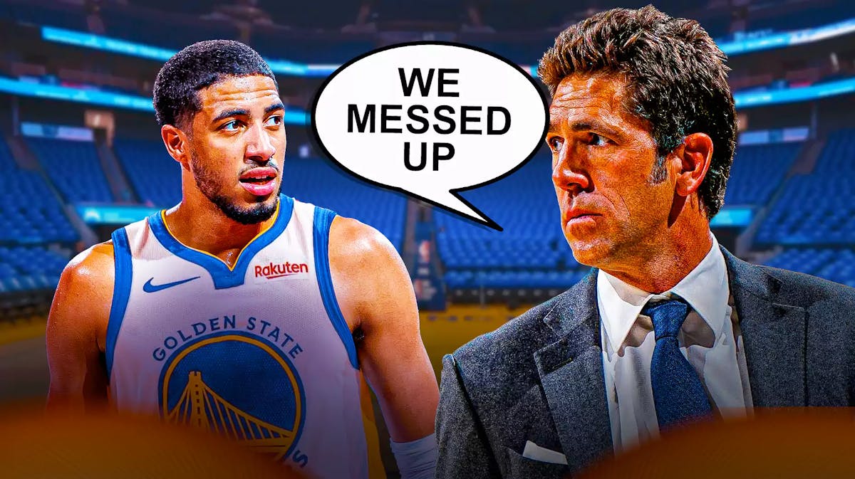 Tyrese Haliburton in a Warriors jersey, include Bob Myers next to him saying, 'We messed up'