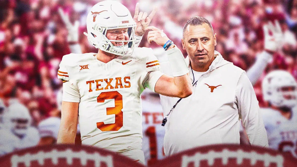 Texas football players and coach Steve Sarkisian looking excited.