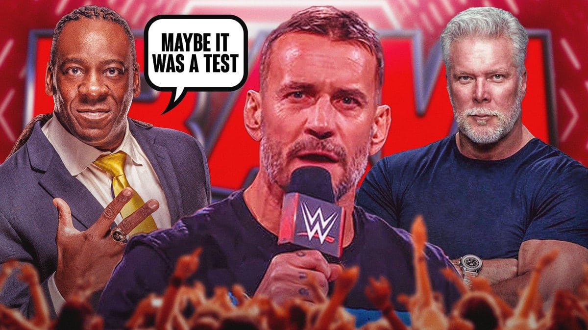 Booker T on the left with a text bubble reading “Maybe it was a test” CM Punk in the middle holding a microphone, and Kevin Nash on the right with the RAW logo as the background.