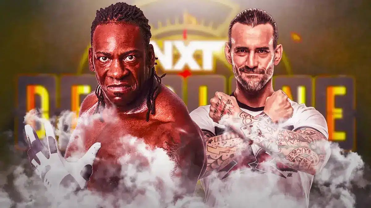 Booker T next to CM Punk with the 2023 NXT Deadline logo as the background.