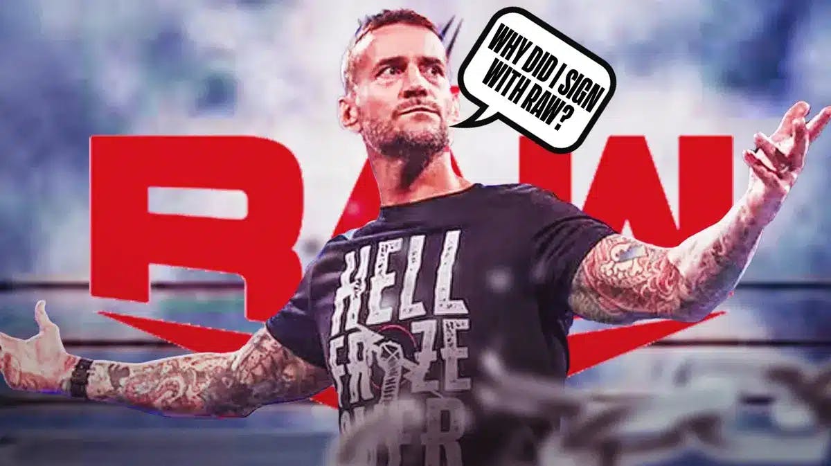 CM Punk with a text bubble reading “Why did I sign with RAW?” with the RAW logo as the background.