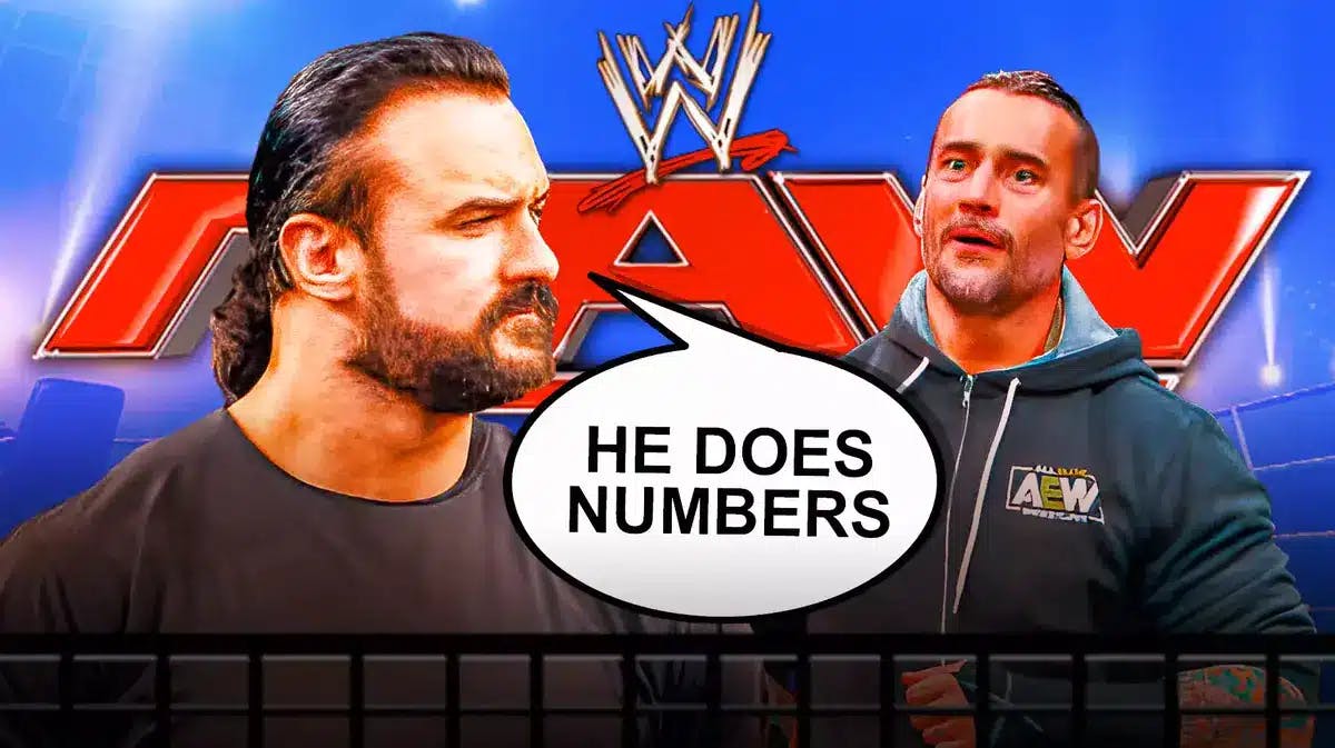 Drew McIntyre with a text bubble reading “He does numbers” next to CM Punk with the RAW logo as the background.