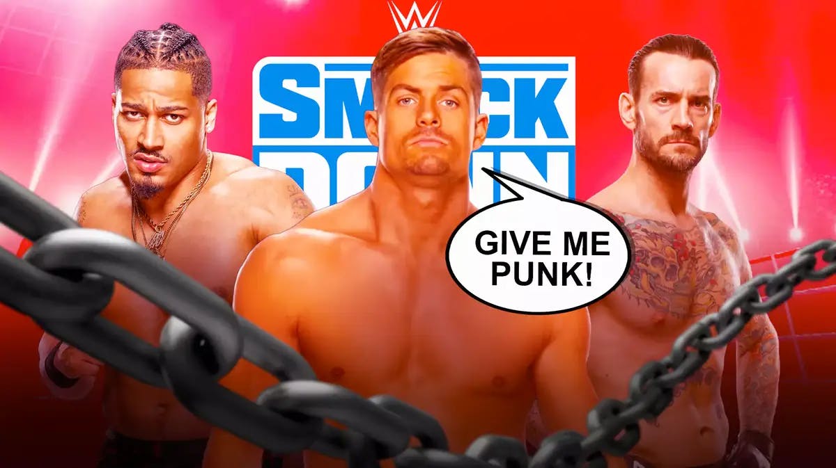 Grayson Waller with a text bubble reading “Give me Punk!” with CM Punk on his left, Carmelo Hayes on his right and the SmackDown logo as the background.