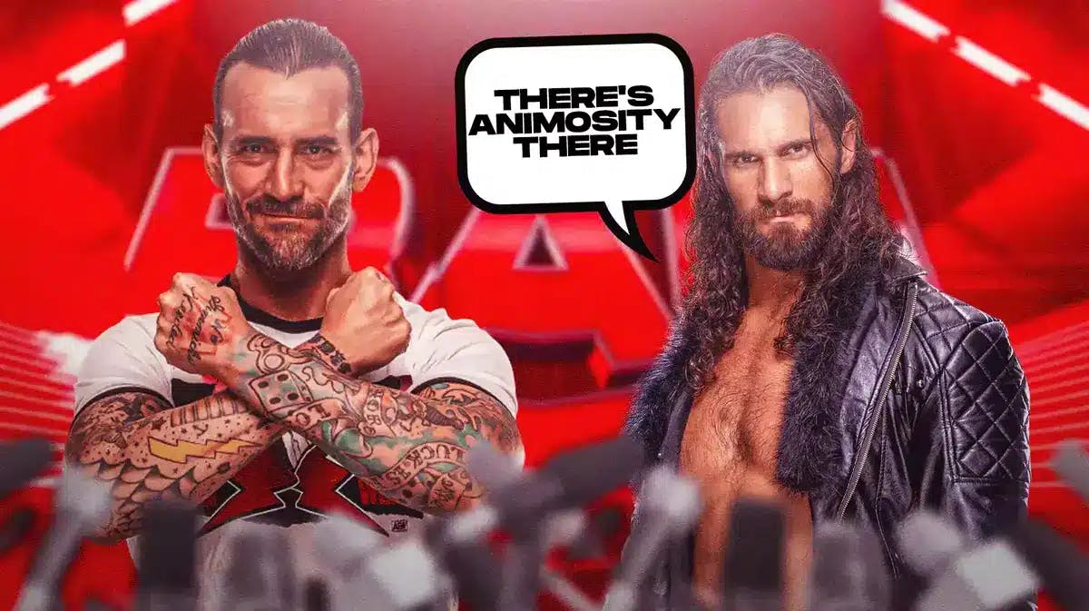 Seth Rollins with a text bubble reading “There's animosity there” next to CM Punk with the RAW logo as the background.