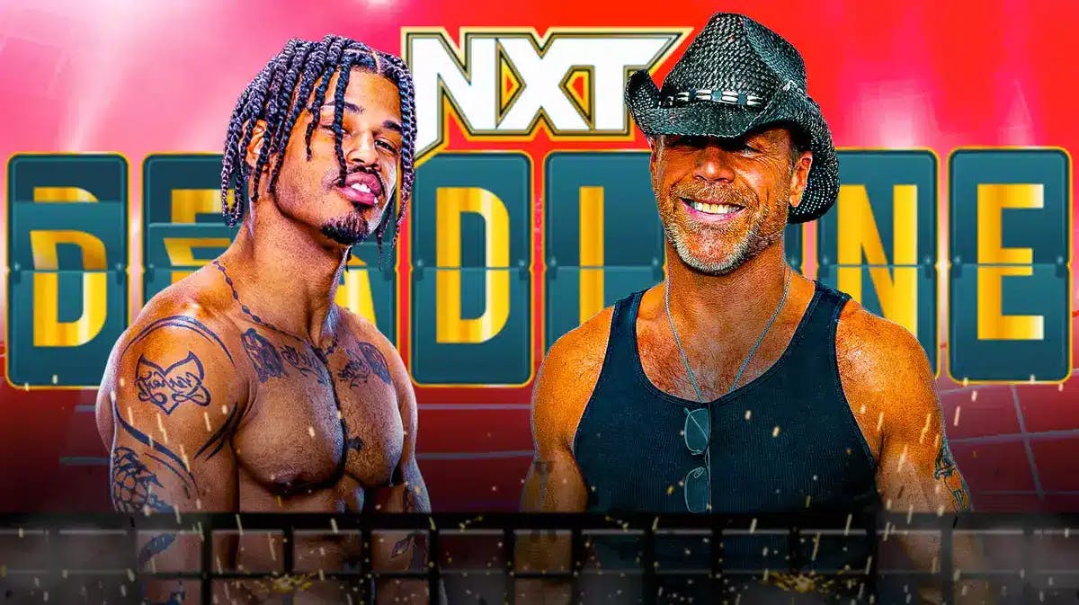 Shawn Michaels next to Wes Lee with the NXT Deadl1ne logo as the background.