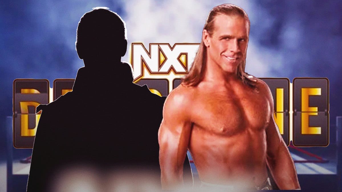 Shawn Michaels next to the blacked-out silhouette of Ilja Dragunov with the NXT Deadl1ne logo as the background.