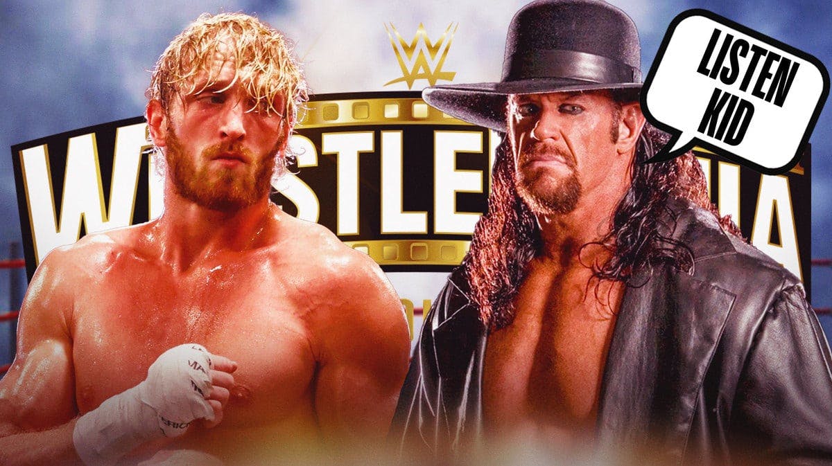 The Undertaker with a text bubble reading “Listen kid” next to Logan Paul with the WrestleMania 39 logo as the background.