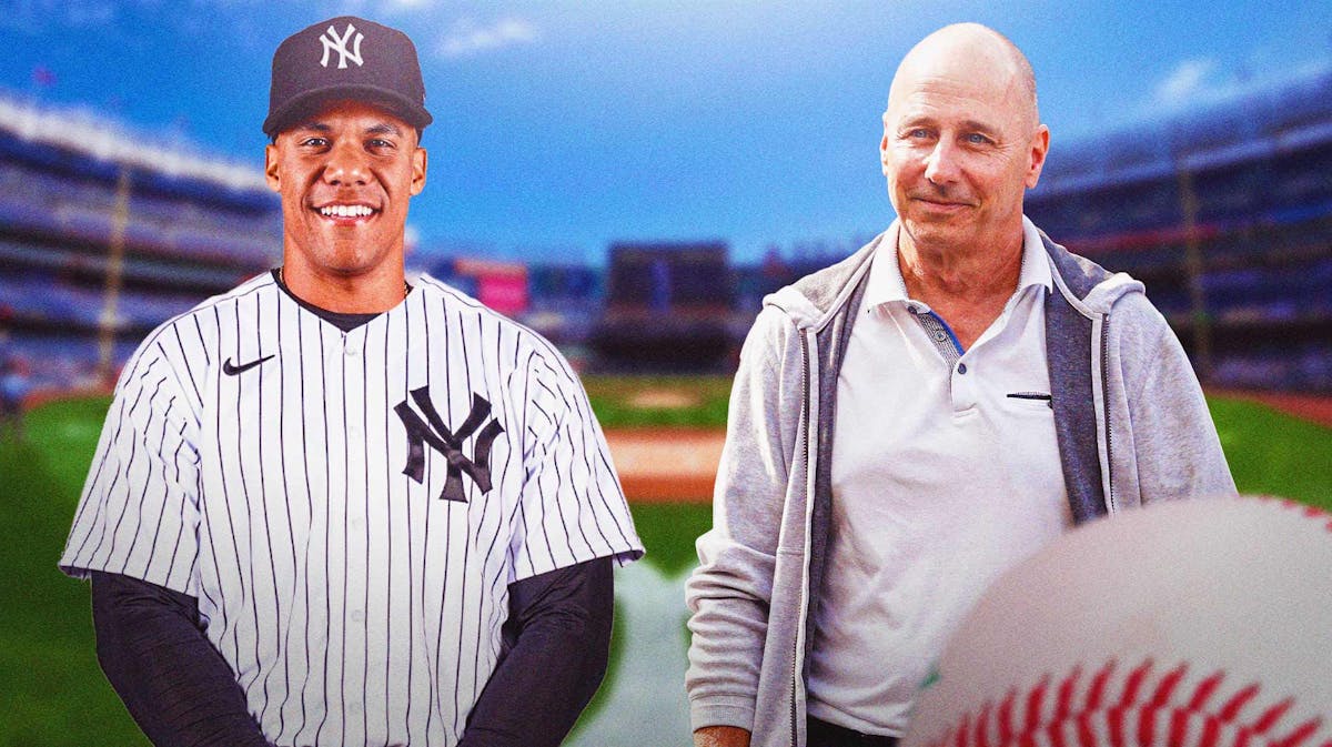 Yankees' Juan Soto and Brian Cashman smiling