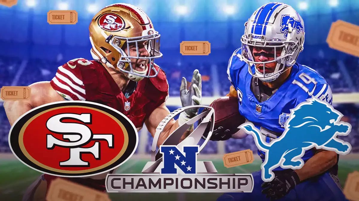 Christian McCaffrey and 49ers logo on one side. Amon-Ra St. Brown and Lions logo on other side. In the background or foreground is the NFC Championship logo. Tickets all around the graphic.