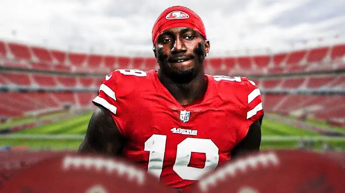 49ers' Deebo Samuel looking serious. Close-up image. 49ers' field background.