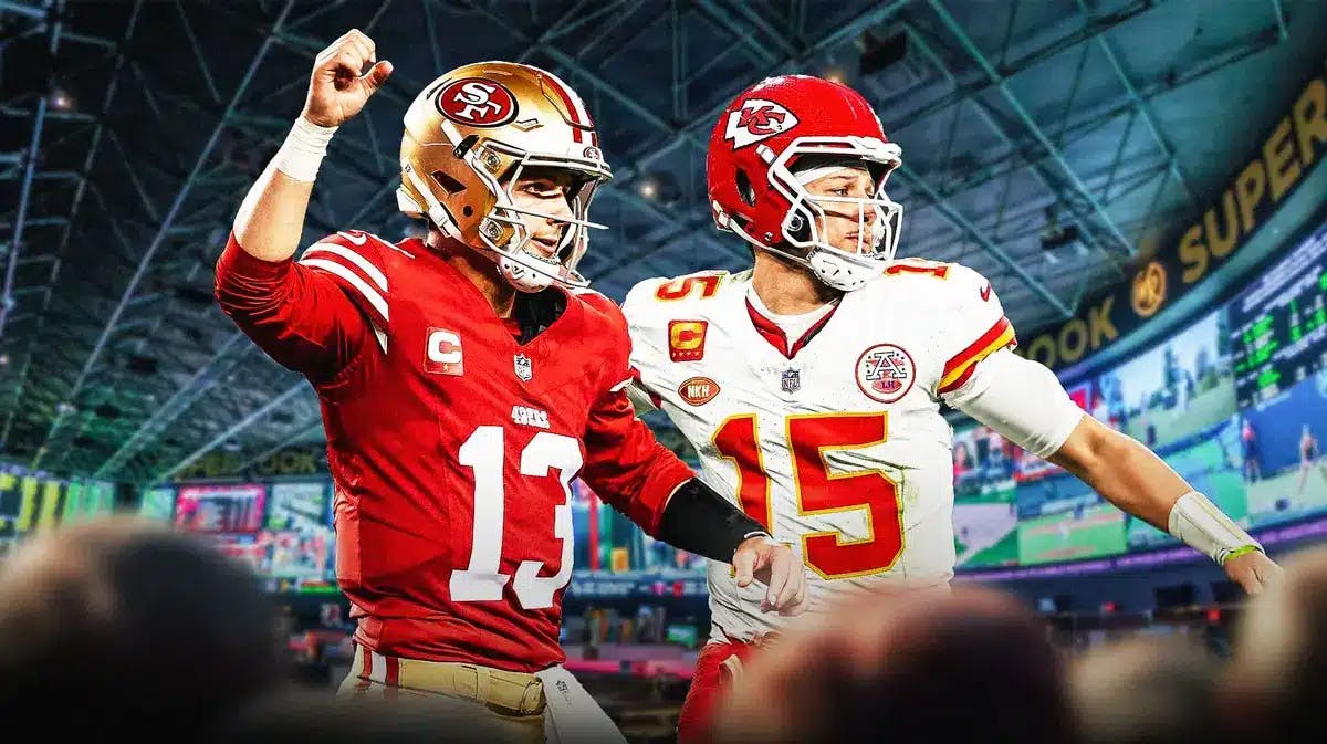 Brock purdy (49rs) and Patrick Mahomes (chiefs) with Vegas sportsbook in the background