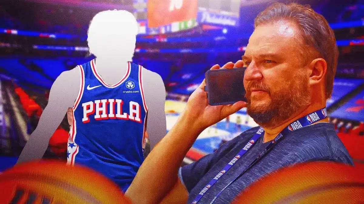 76ers' Daryl Morey and a silhouette of potential trade targets.
