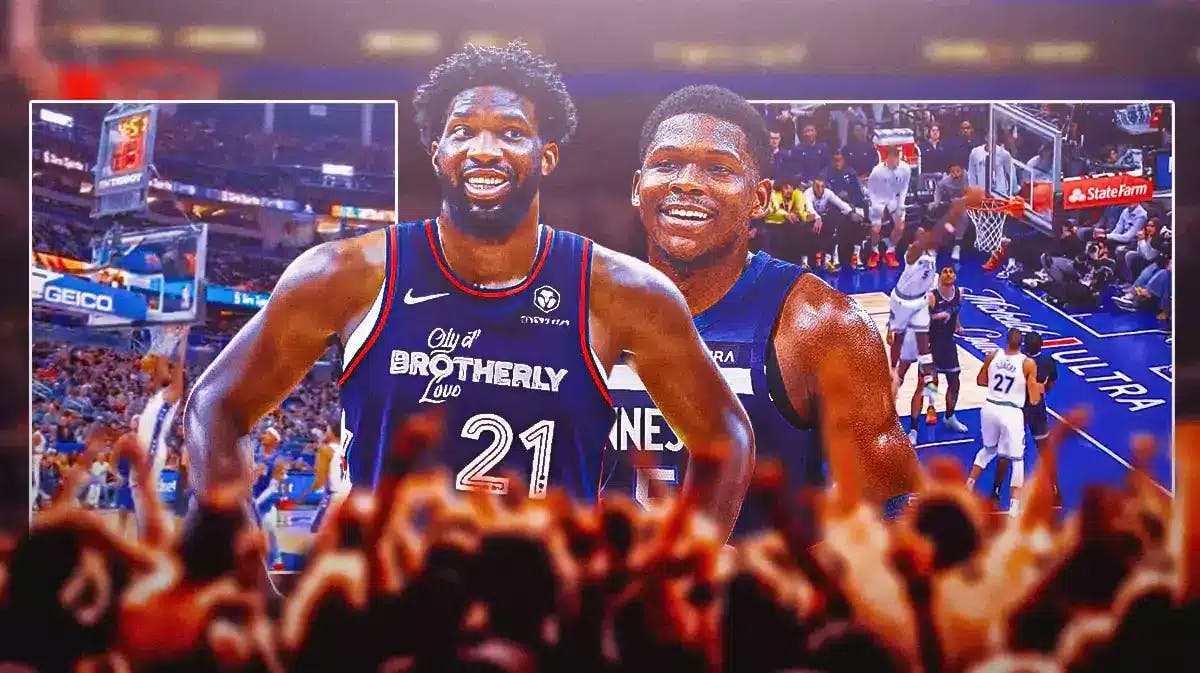 76ers' Joel Embiid and Timberwolves' Anthony Edwards smiling in the middle, with screenshot of Embiid’s dunk and Edwards' dunk beside them
