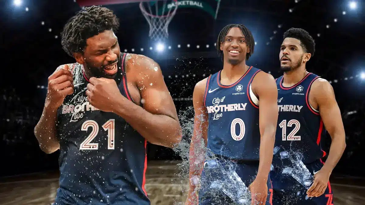 76ers star Joel Embiid gets hit with water Tyrese Maxey and Tobias Harris