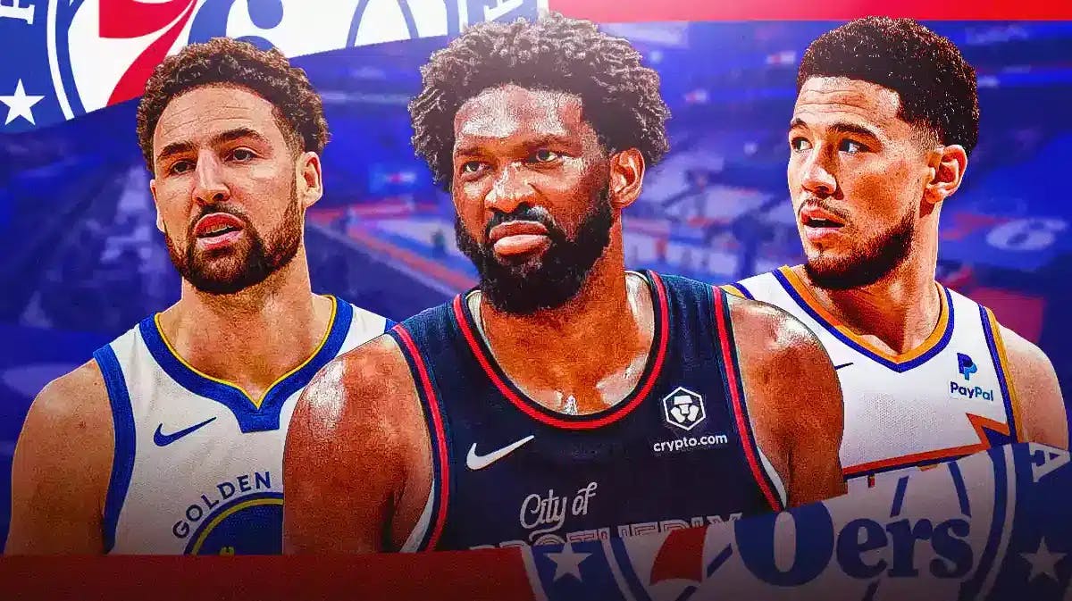 76ers star Joel Embiid stands next to Klay Thompson and Devin Booker, Gilbert Arenas provides commentary out of sight