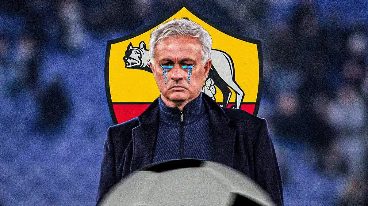 Jose Mourinho with a teardrop falling from his eye in front of the AS Roma logo