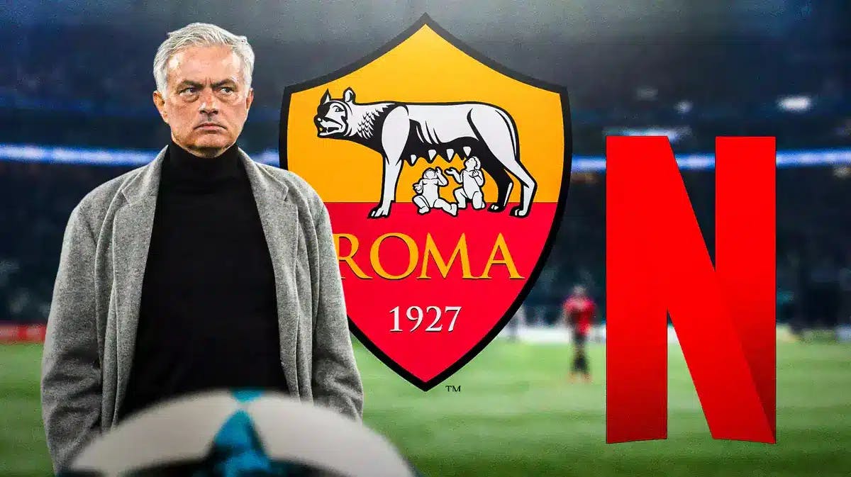 Jose Mourinho in front of the AS Roma and Netflix logos