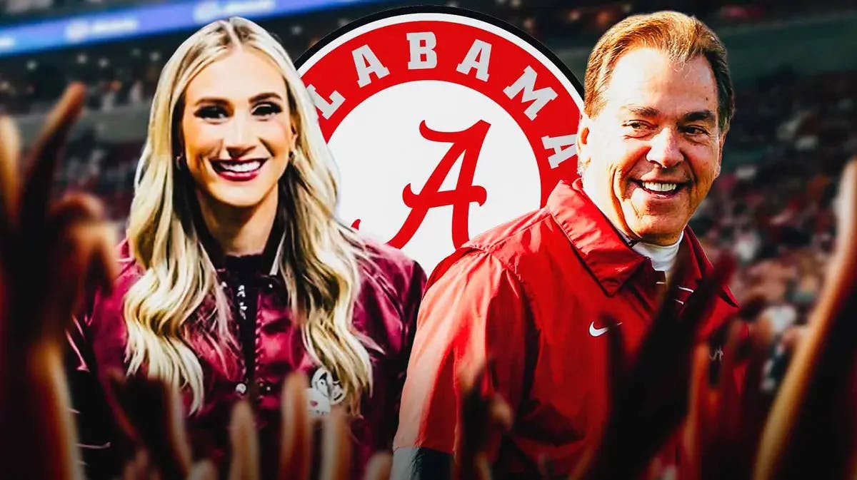 Nick Saban;s daughter, Kristen Saban, with Nick Saban and logo of Alabama football
