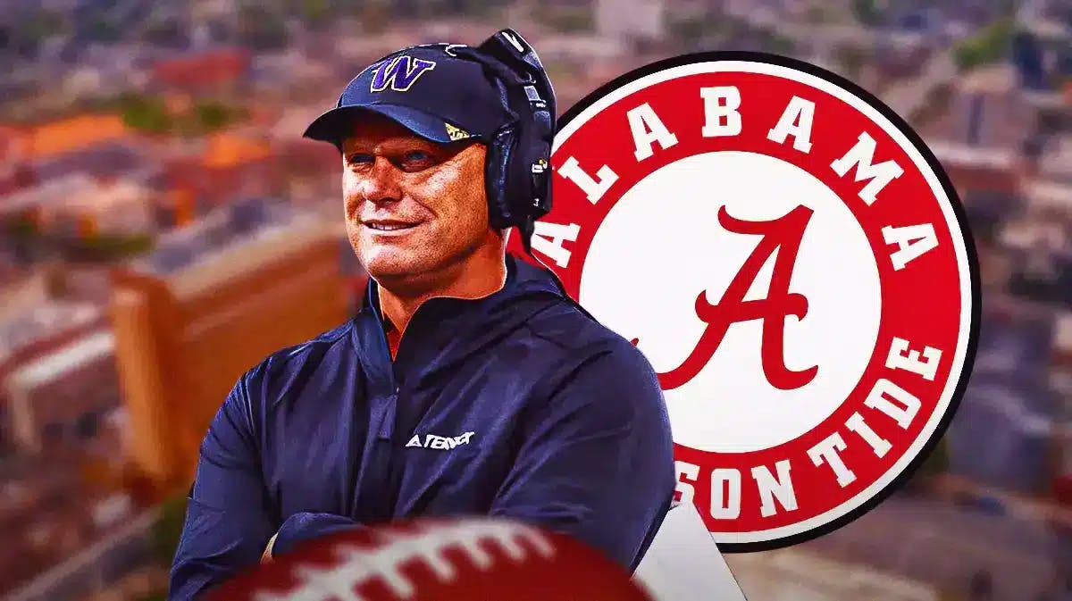 Kalen DeBoer smiling, with the Alabama football logo beside him, Tuscaloosa background