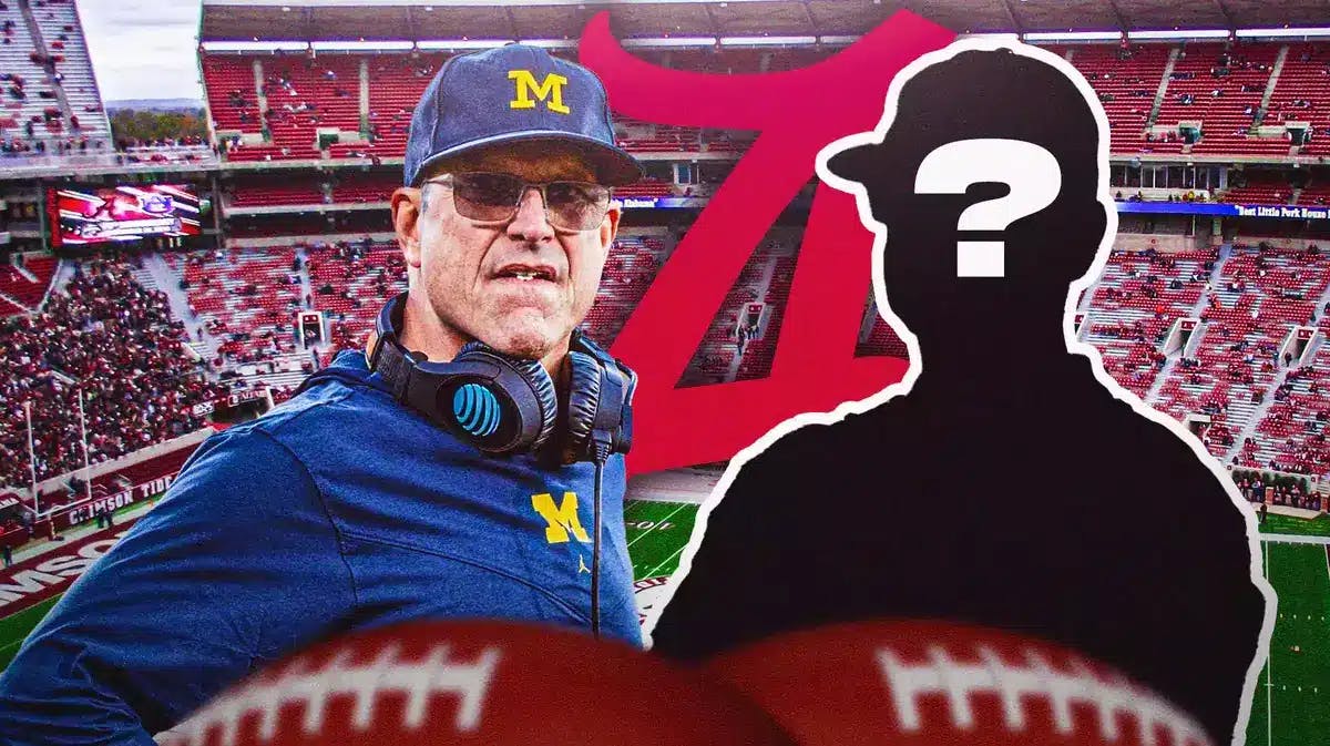 Photo: Blank outside of a person with a question mark next to Jim Harbaugh in Michigan gear and Alabama Crimson Tide logo in the background