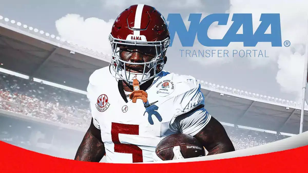 Alabama football's Roydell Williams with NCAA transfer portal logo at the back