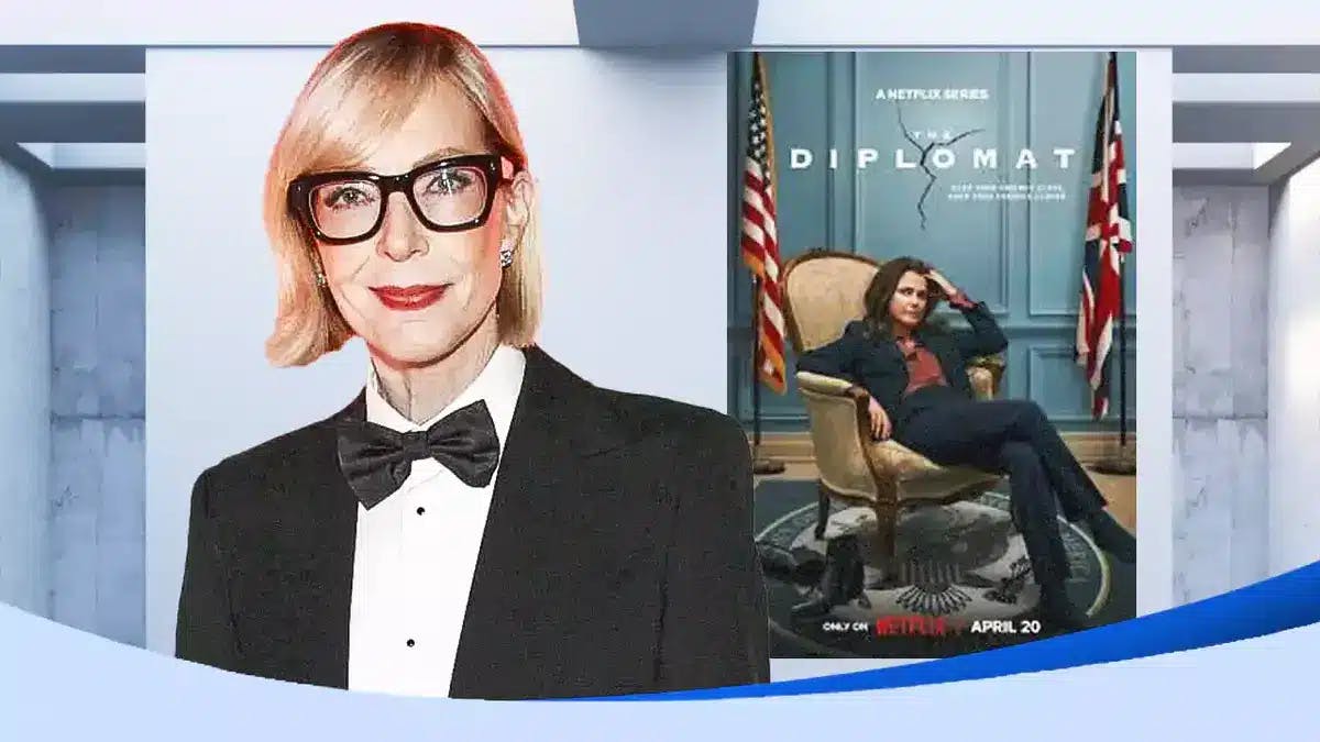 Allison Janney on one side, The Diplomat poster on the other