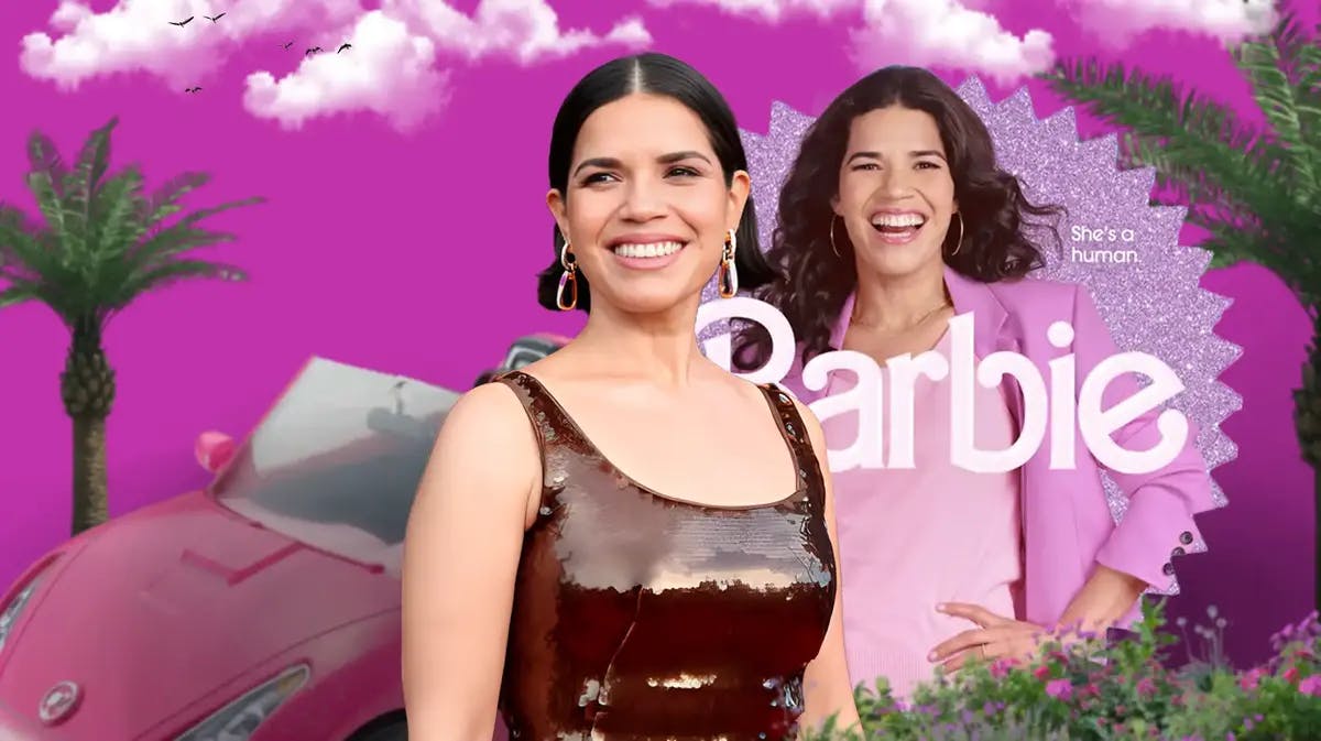 America Ferrera in front of her Barbie character poster