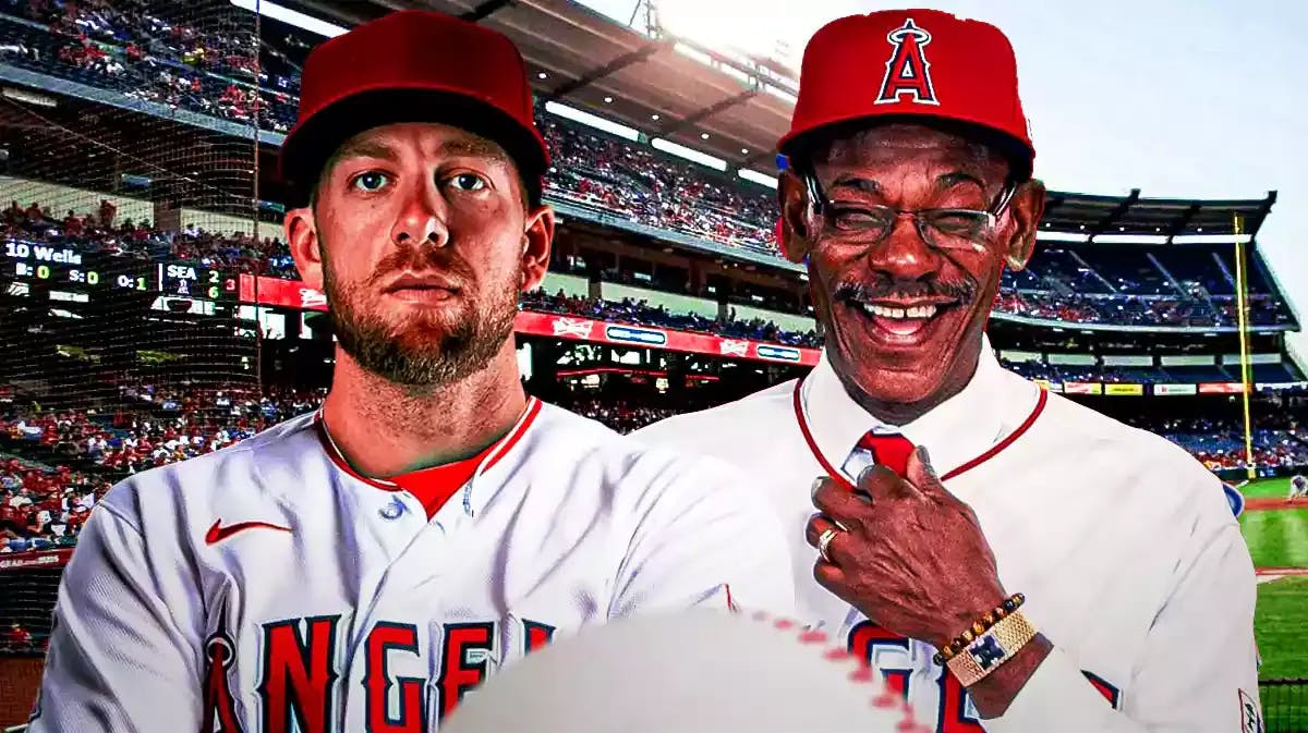 Hunter Dozier in an Angels jersey standing next to Angels Ron Washington in front of Angels Stadium of Anaheim