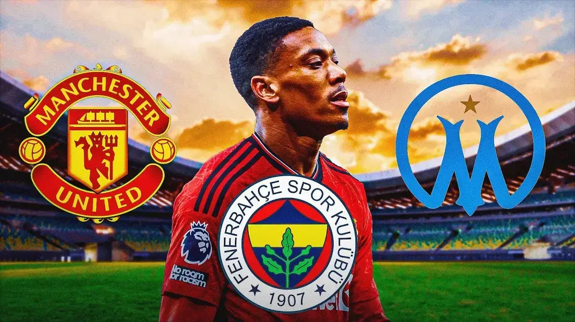 Anthony Martial in front of the Manchester United, Marseille FC, Fenerbahce logos