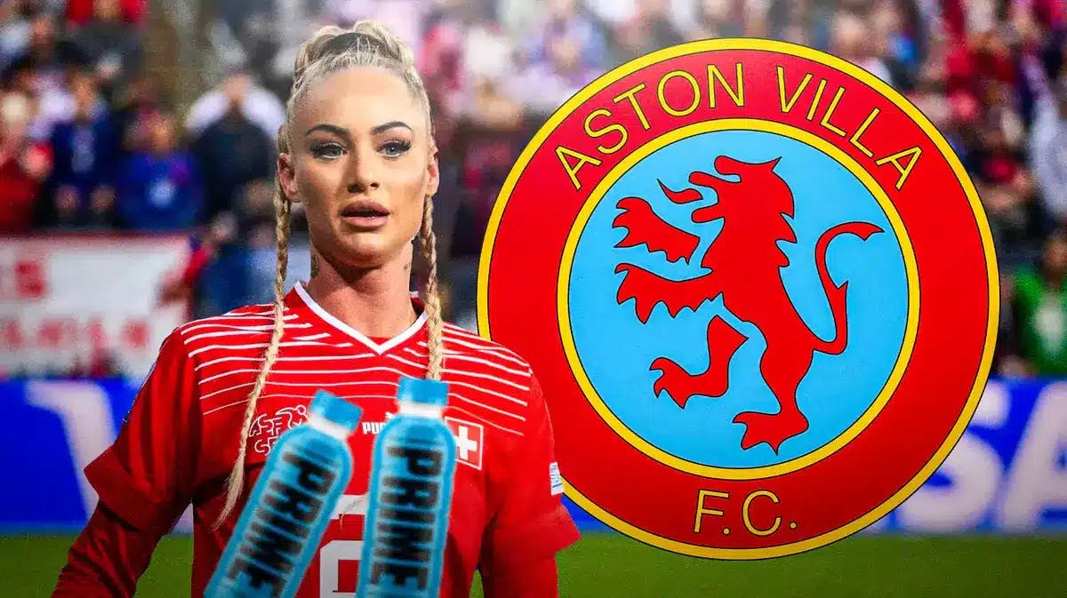 Alisha Lehmann with a PRIME bottle in front of the Aston Villa logo