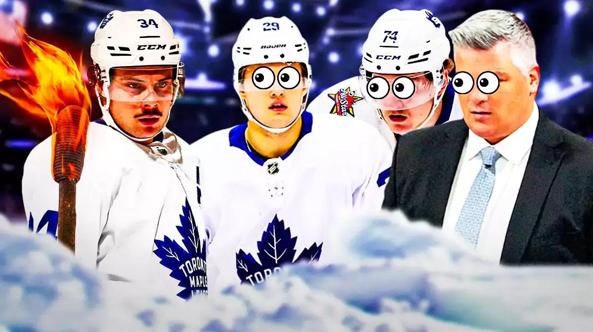 Auston Matthews with his stick on fire. William Nylander, Bobby McMann and Sheldon Keefe all with their eyes popping looking at Matthews (Toronto Maple Leafs)
